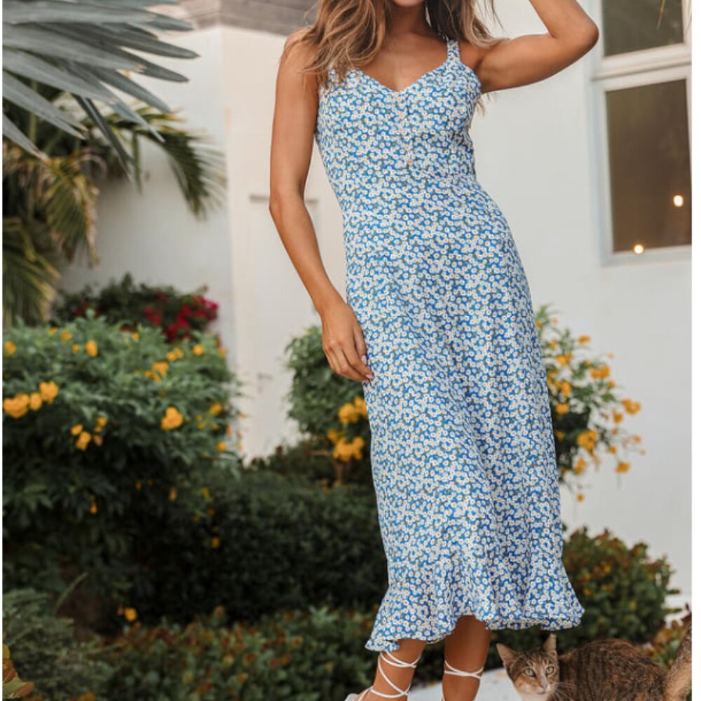 Blue Floral Print Midi Dress